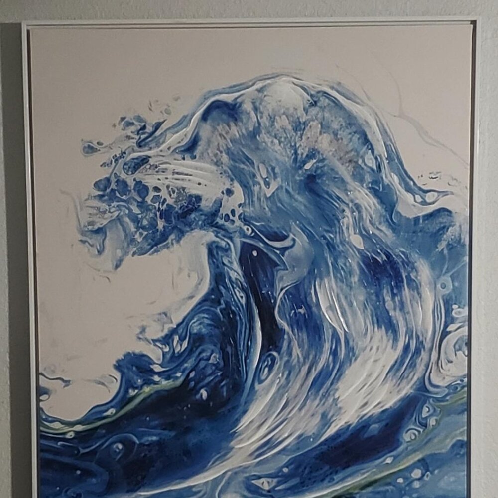OCEAN BLUE WAVE WALL PAINTING 31X41 WHITE PLASTIC FRAME